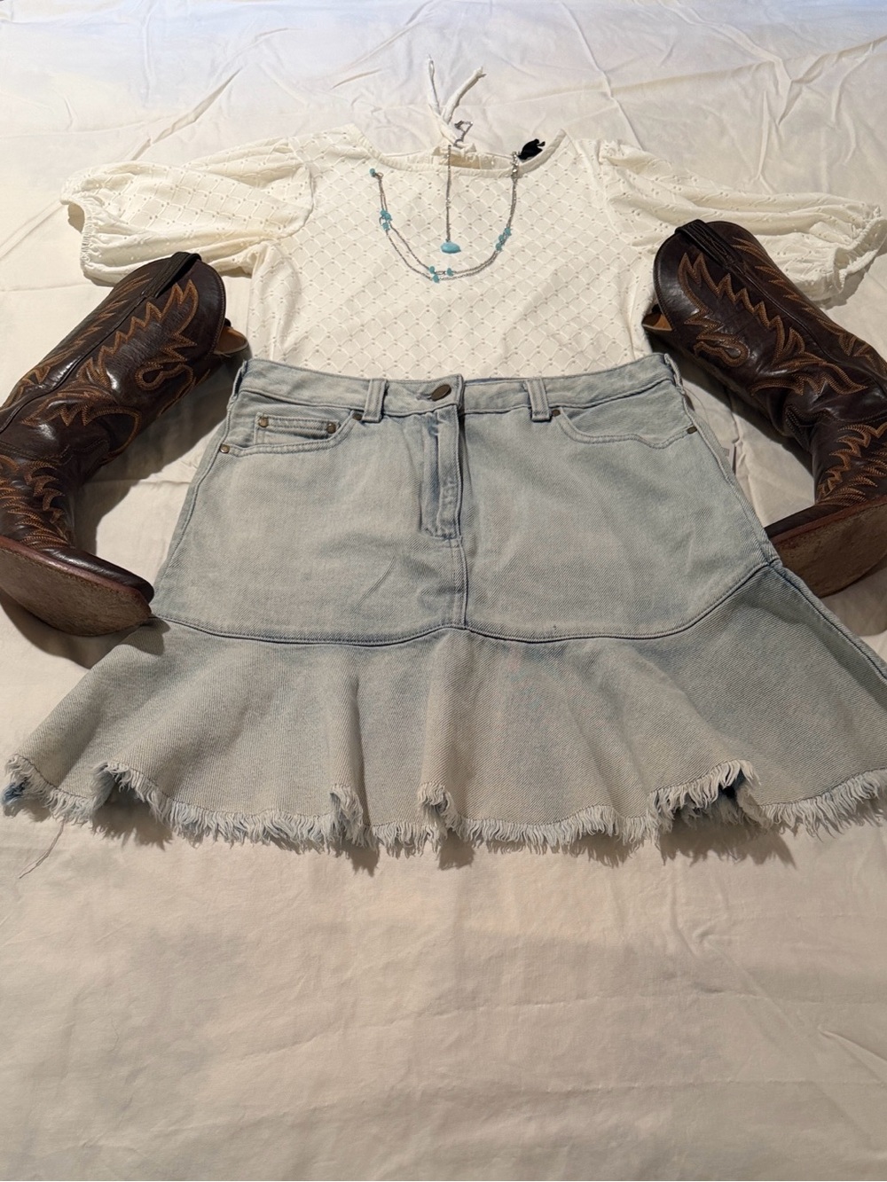 Michael Kors Light Blue Denim Ruffle Hem Skirt